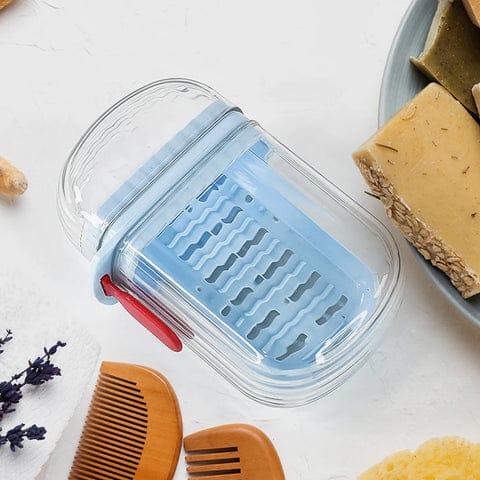 Multifunctional Soap Box with Drain Tray and Lock Clip – Plastic Transparent Soap Case with Lid for Bathroom, Kitchen &amp; Travel – Hygienic Soap Holder Organizer (Light Blue / 4pc)