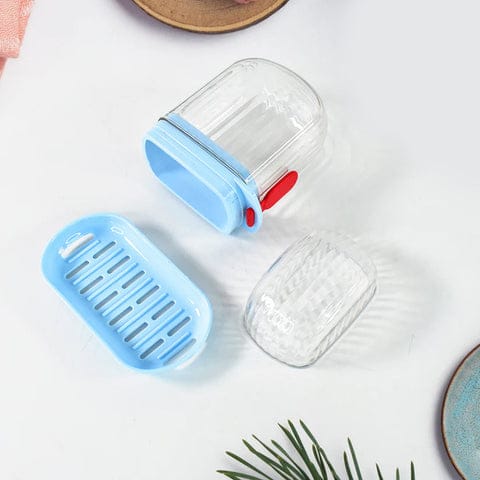 Multifunctional Soap Box with Drain Tray and Lock Clip – Plastic Transparent Soap Case with Lid for Bathroom, Kitchen &amp; Travel – Hygienic Soap Holder Organizer (Light Blue / 4pc)