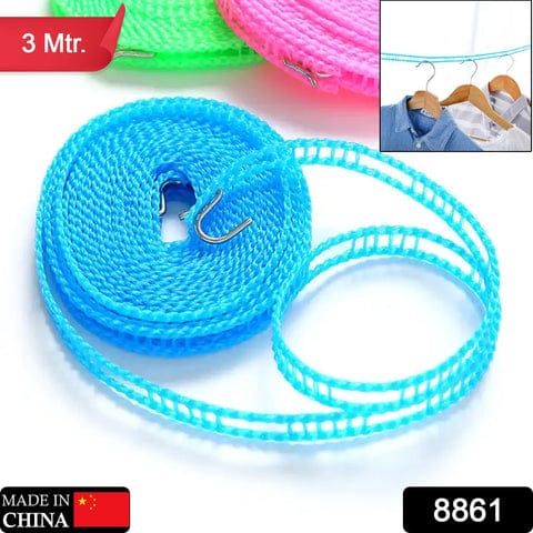 3 Meters Fiber Rope Anti-Slip Clothes Washing Drying Nylon Rope Japan Style Rope with Hooks, Durable Camping Clothesline Portable Clothes Drying Line Indoor Outdoor Laundry Storage for Travel Home Use (3 Mtr.) 4pc