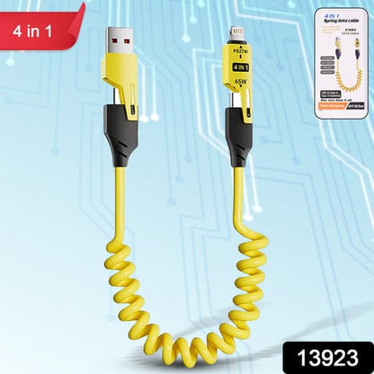 4 in 1 Spring Fast Charging Cable, 65W USB-C Multi Charging Cable for Multiple Devices, Extended Retractable Universal Charging Cable for iPhone Samsung Laptop Charging (1 Pc / 1.5 Mtr Long)