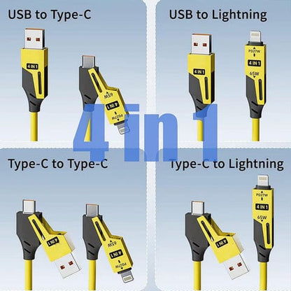 4 in 1 Spring Fast Charging Cable, 65W USB-C Multi Charging Cable for Multiple Devices, Extended Retractable Universal Charging Cable for iPhone Samsung Laptop Charging (1 Pc / 1.5 Mtr Long)
